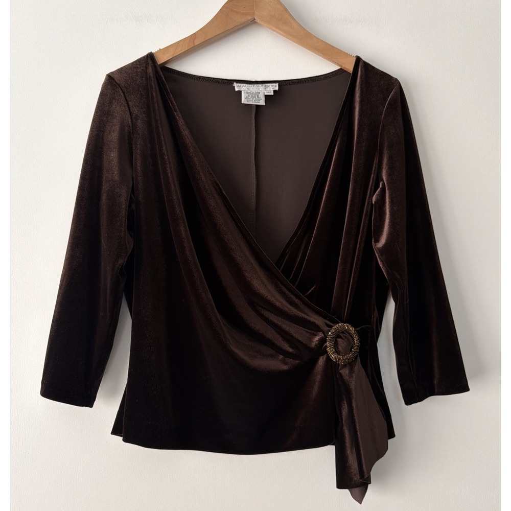 VTG Maggy London Velour Faux Wrap Top 16P Brown Y2K Holiday Bronze Beaded Clasp